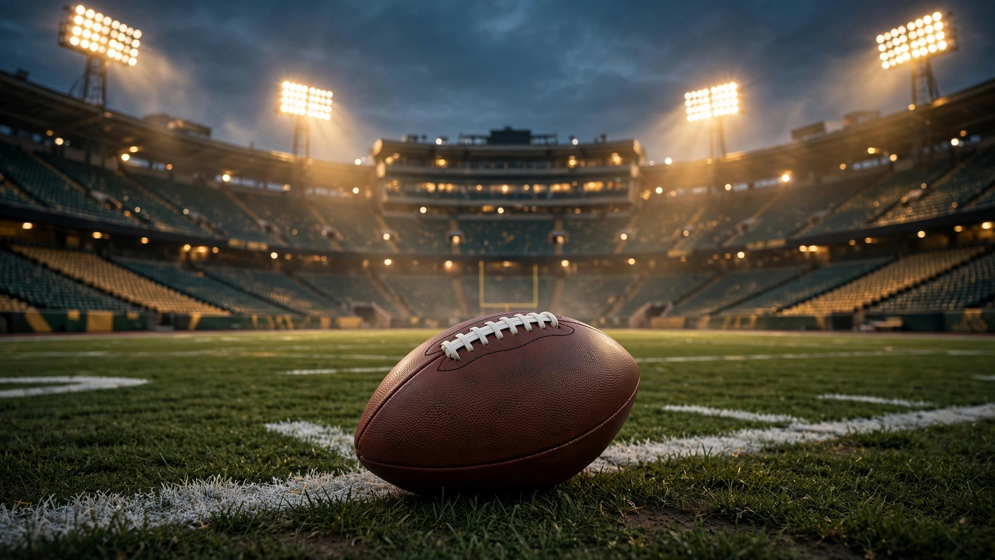 Football on the field at dusk in a packed stadium